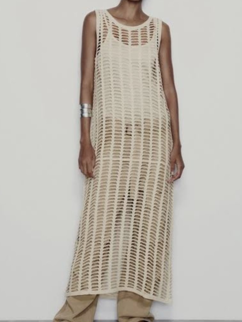 Zara Statement Open-Knit Sleeveless Maxi Dress in Beige